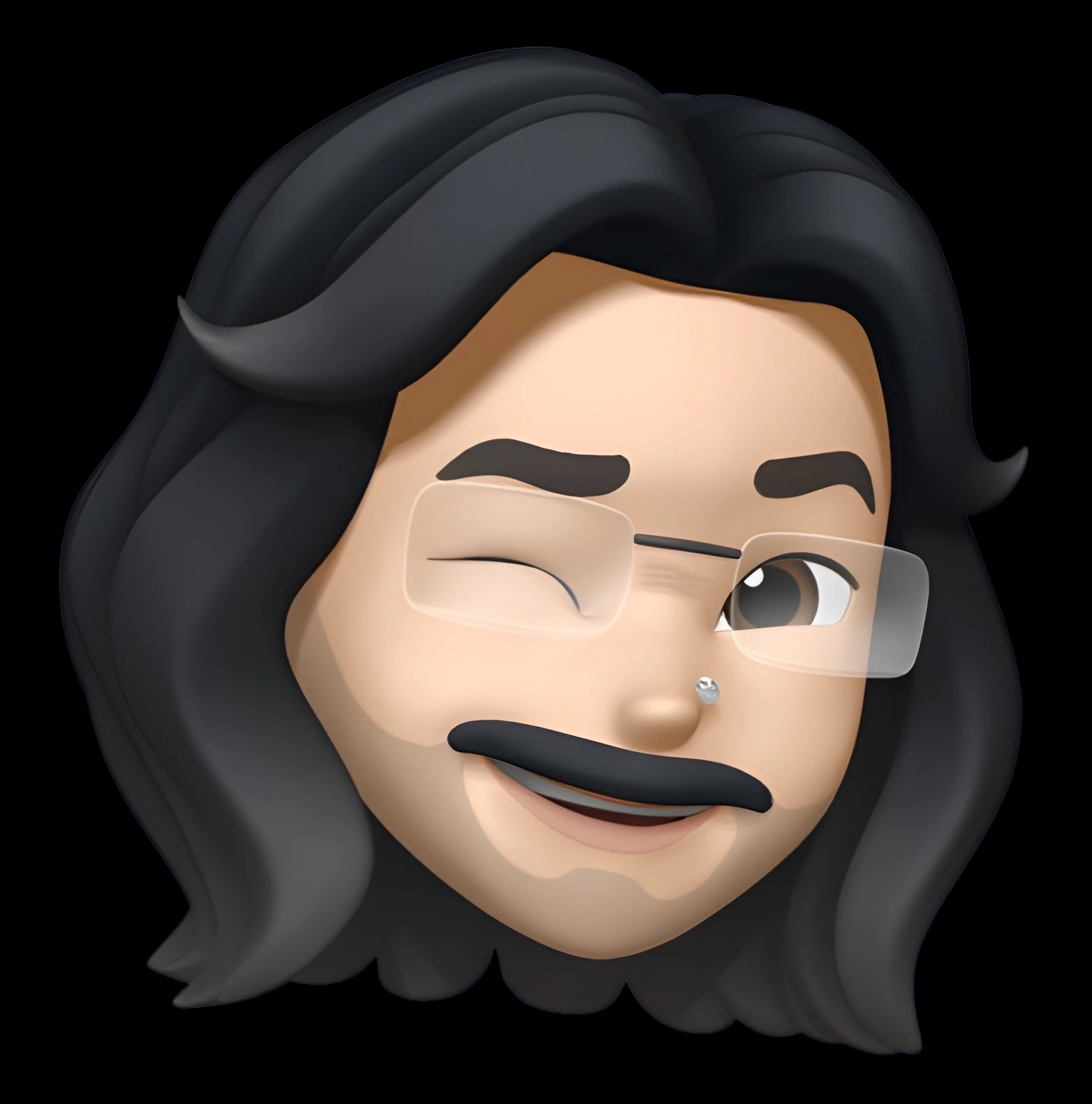 Memoji with black hair, glasses, mustache, and a wink.